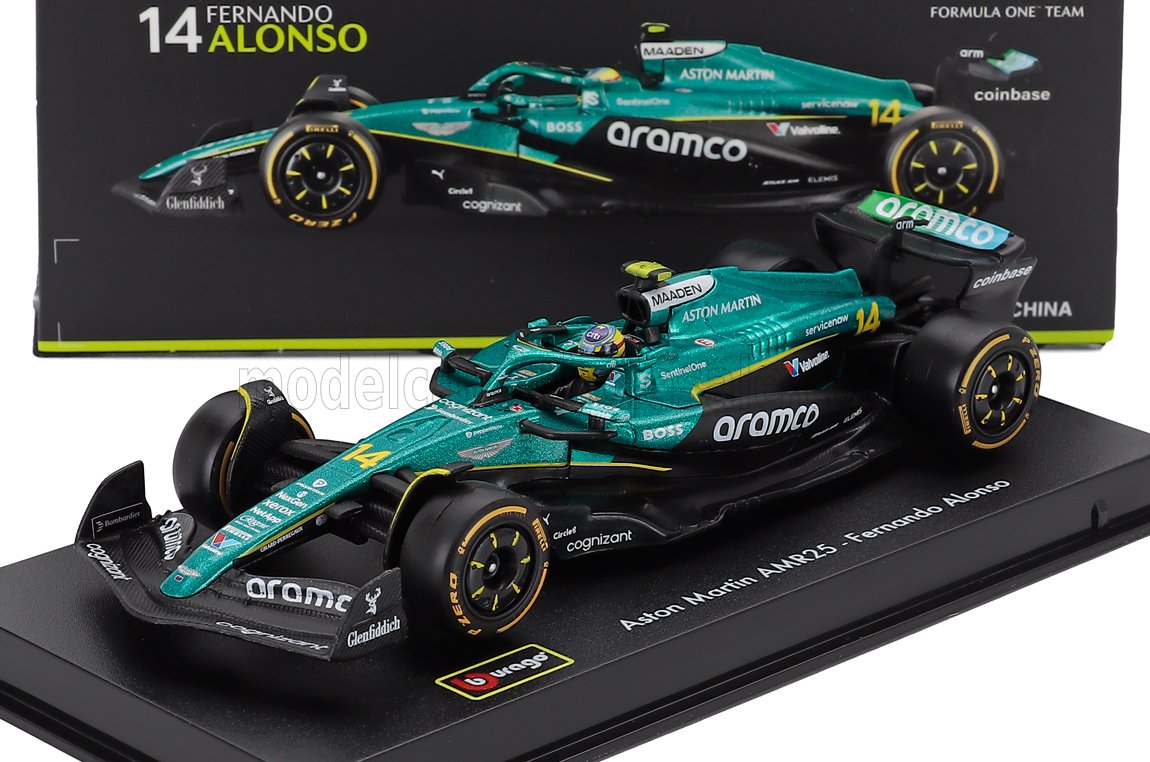 1:43 ASTON MARTIN F1  Amr25 Team Aramco Cognizant №14 Season (2025) Fernando Alonso - With Pilot And Showcase, Green Black - 18-38251-A