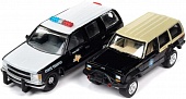 1:64 CHEVROLET Tahoe Texas Highway Patrol (1997), black / white + JEEP Cherokee XJ Florida State Trooper K9, beige / black - JLSP277A-JLPK019