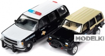 1:64 CHEVROLET Tahoe Texas Highway Patrol (1997), black / white + JEEP Cherokee XJ Florida State Trooper K9, beige / black - JLSP277A-JLPK019