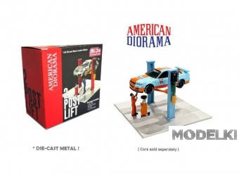 1:64 2 Post Lift with Oil Drainer & Mechanic figure, light blue - AD38379